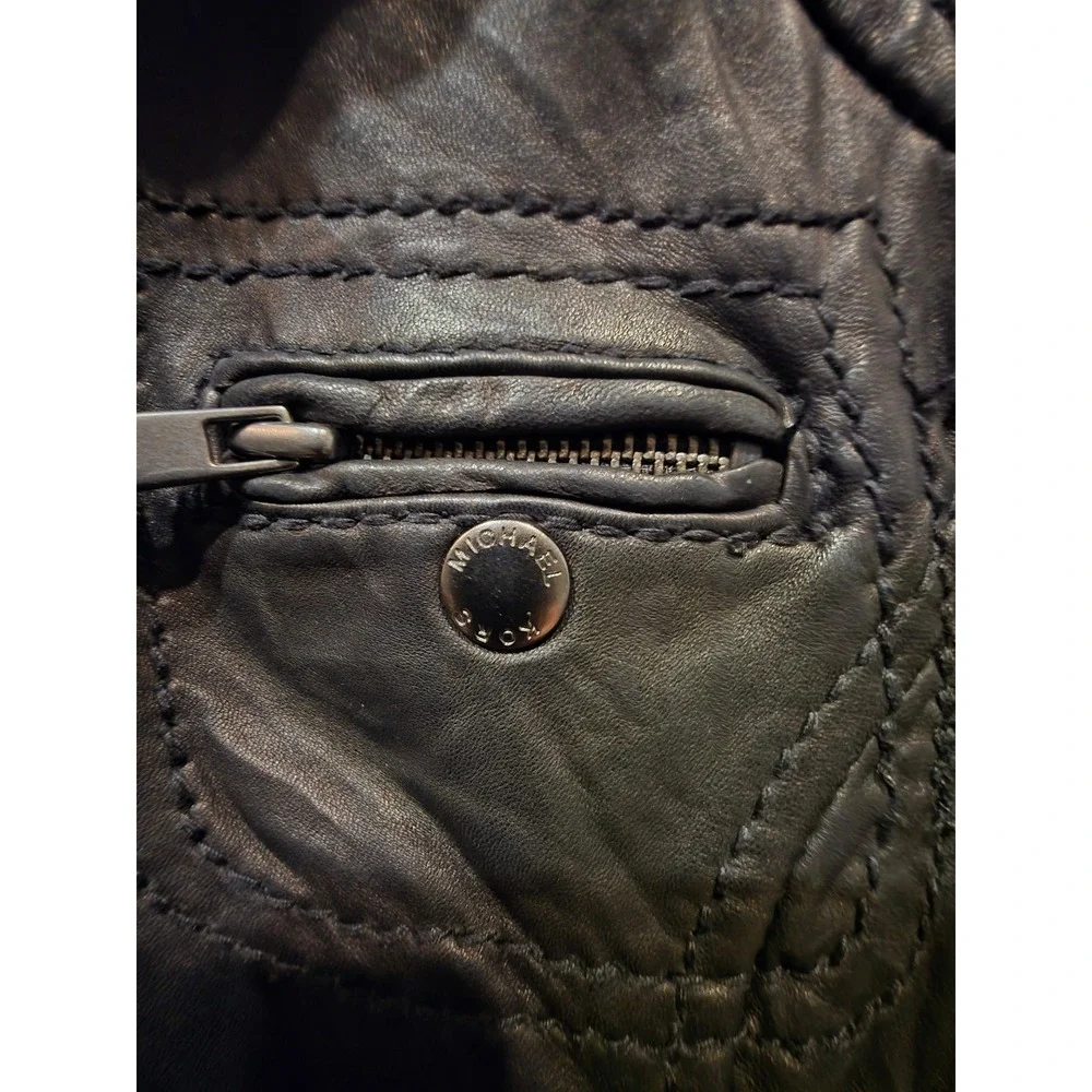 Michael Kors Genuine Leather Bomber Jacket Womens M Black Knit Collar Zip